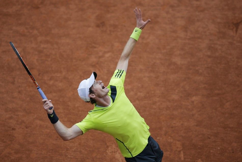 Andy Murray of Britain prepares to serve to Andrey Golubev of Kazakhstan during their mens singles match at the French Open tennis tournament at the Roland Garros stadium in Paris May 27, 2014. 