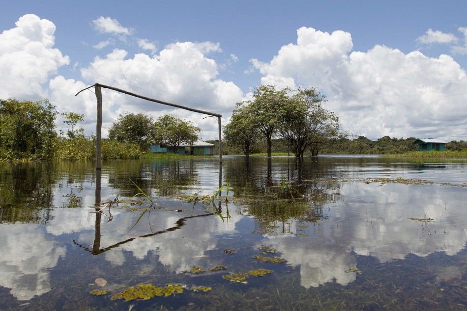 A goal post is pictured in a field flooded by water from a tributary of the Amazon river, in the Botafogo riverside community near Manaus March 29, 2014. The 2014 World Cup will be held in Brazil from June 12 through July 13.  In Brazil, soccer goalposts 