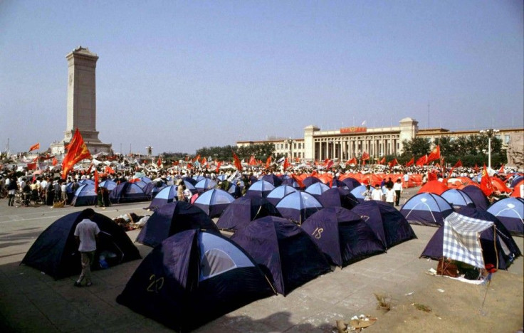 File photo of pro-democracy demonstrators pitching tents in Beijing's Tiananmen Square before their protests were crushed by the People's Liberation Army