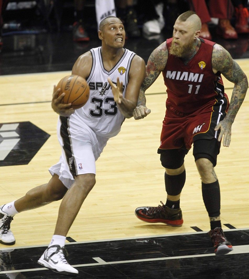 San Antonio Spurs Boris Diaw L of France drives past Miami Heats Chris Anderson during the third quarter in Game 1 of their NBA Finals basketball series in San Antonio, Texas June 5, 2014. 