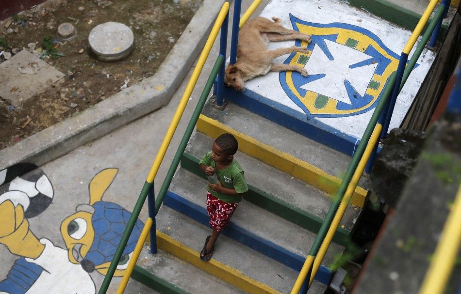 A dog lies near a boy walking down a stairs painted in the national colours 