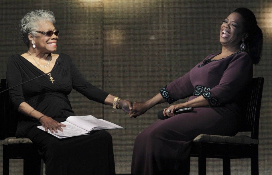 Oprah Winfrey R laughs with poet Maya Angelou during the taping of quotOprahs Surprise Spectacularquot in Chicago in May 17, 2011 .