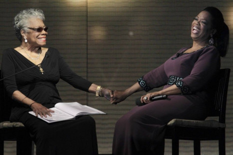 Oprah Winfrey (R) laughs with poet Maya Angelou during the taping of &quot;Oprah's Surprise Spectacular&quot; in Chicago in May 17, 2011 .