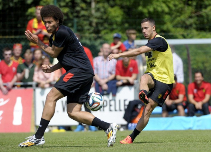 Belgium&#039;s national soccer team players Eden Hazard and Axel Witsel fight for the ball during a training session at the squad&#039;s camp ahead of the World Cup, in Knokke-Heist