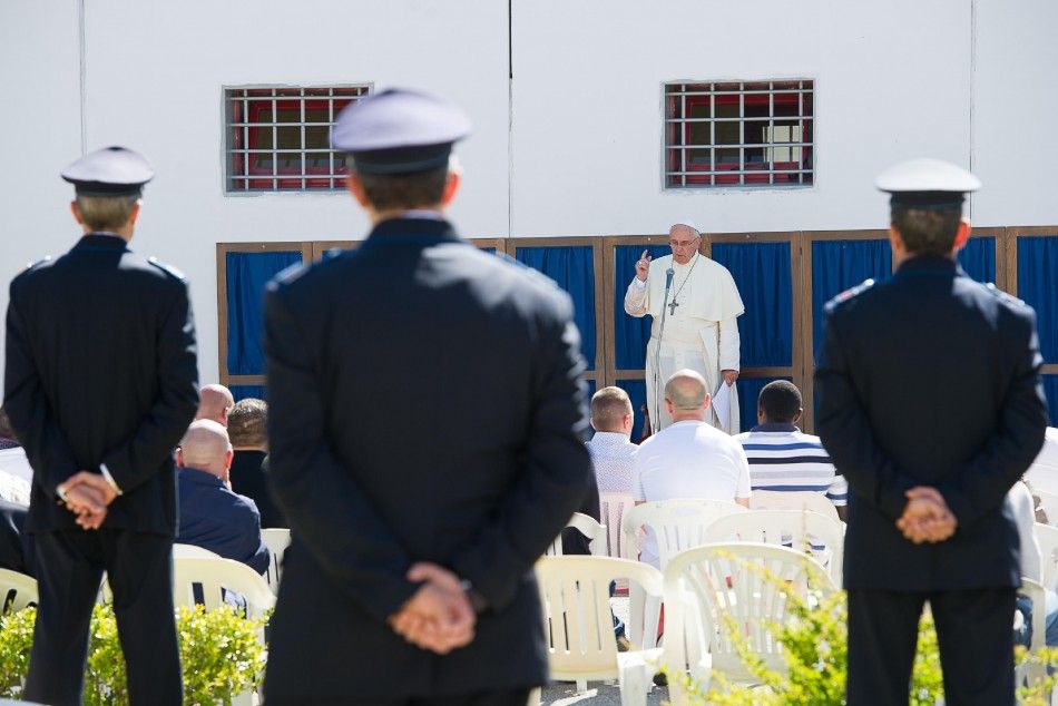 Pope Francis speaks during a visit at the prison in Castrovillati, southern Italy, June 21, 2014. REUTERSOsservatore Romano VATICAN - Tags RELIGION ATTENTION EDITORS - NO SALES. NO ARCHIVES. FOR EDITORIAL USE ONLY. NOT FOR SALE FOR MARKETING OR ADVERT