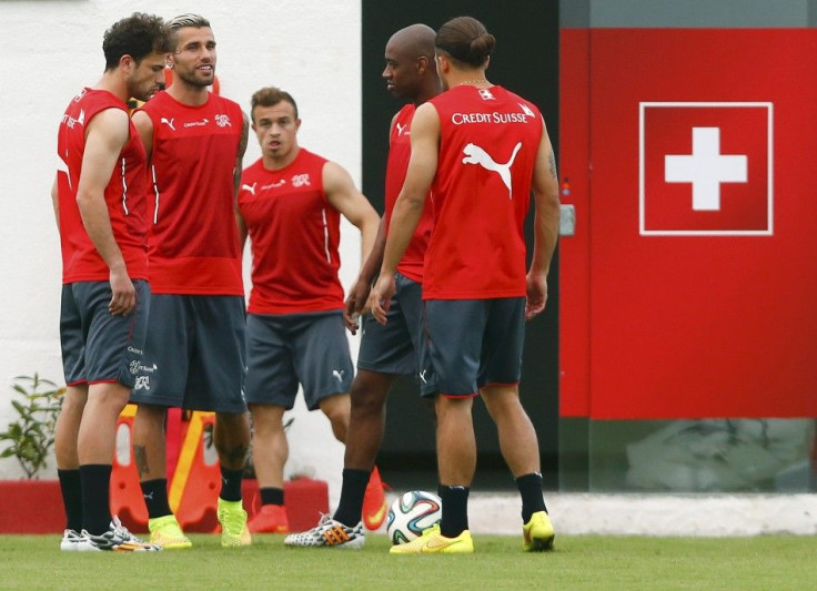 Switzerland's national soccer team players Mehmedi, Behrami, Shaqiri, Fernandes and Rodriguez attend a training session in Porto Seguro