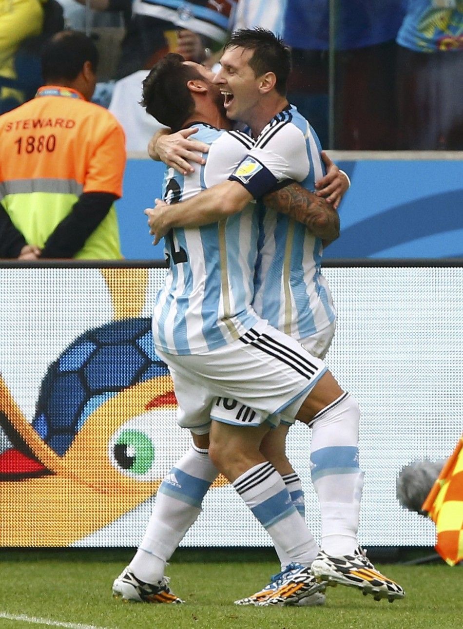 Argentinas Lionel Messi celebrates his second goal 