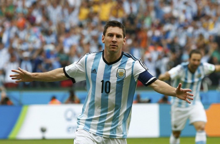 Argentina&#039;s Messi celebrates after scoring against Nigeria during their 2014 World Cup Group F soccer match at the Beira Rio stadium in Porto Alegre
