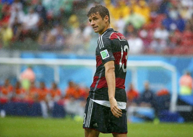 Germany's Mueller reacts during their 2014 World Cup Group G soccer match 