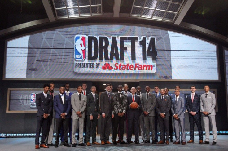 Jun 26, 2014; Brooklyn, NY, USA; NBA commissioner Adam Silver poses for a photo with draft prospects in attendance before the 2014 NBA Draft at the Barclays Center.