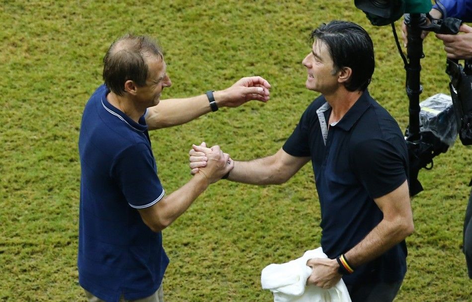 U.S. coach Juergen Klinsmann L and Germanys coach Joachim Loew 