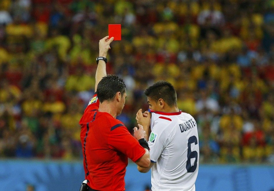 Costa Ricas Oscar Duarte R is shown the red card 