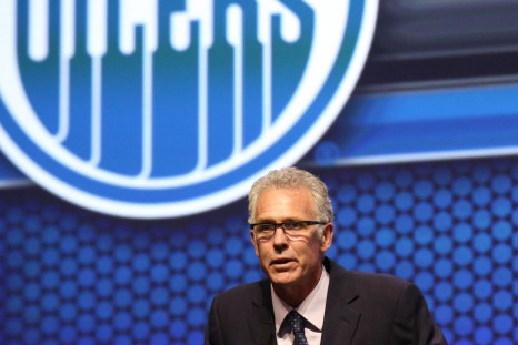 Jun 27, 2014; Philadelphia, PA, USA; Edmonton Oilers general manager Craig Mactavish announces Leon Draisaitl (not pictured) as the number three overall pick to the Edmonton Oilers in the first round of the 2014 NHL Draft at Wells Fargo Center.