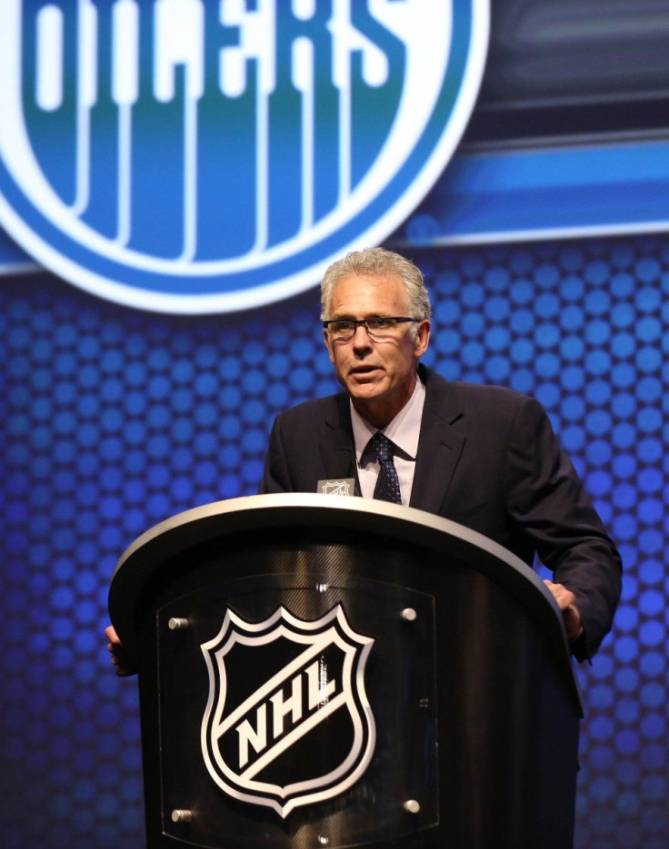Jun 27, 2014; Philadelphia, PA, USA; Edmonton Oilers general manager Craig Mactavish announces Leon Draisaitl (not pictured) as the number three overall pick to the Edmonton Oilers in the first round of the 2014 NHL Draft at Wells Fargo Center.
