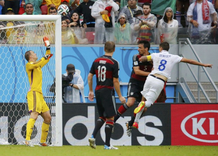Clint Dempsey of the U.S. (R) attempts to score a header against Germany&#039;s goalkeeper Manuel Neuer (L) but misses, during their 2014 World Cup Group G soccer match at the Pernambuco arena in Recife June 26, 2014.