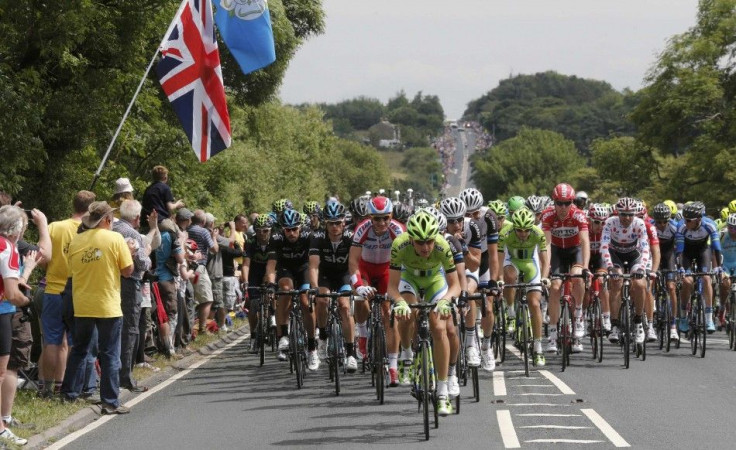 The pack of riders cycles on its way during the second 201 km stage of the Tour de France cycling race from York to Sheffield, July 6, 2014.