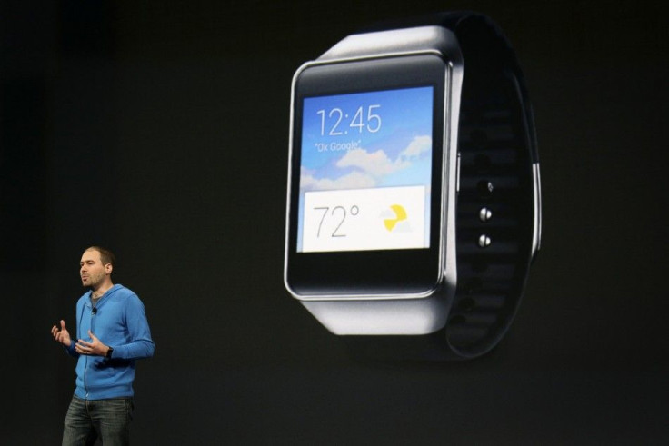 David Singleton, director of engineering for Android, announces a new Samsung Android Wear smartwatch during his keynote address at the Google I/O developers conference