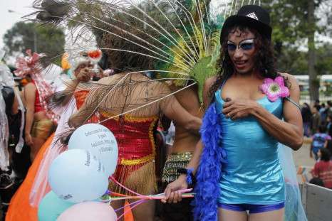 A reveller prepares his outfit during the Gay Pride parade in Lima, June 28, 2014.