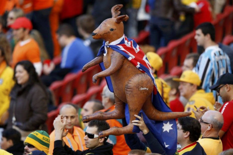 Australia fans hold an inflatable kangaroo wearing an Australia flag before the team's 2014 World Cup Group B soccer match against Netherlands at the Beira Rio stadium in Porto Alegre June 18, 2014.