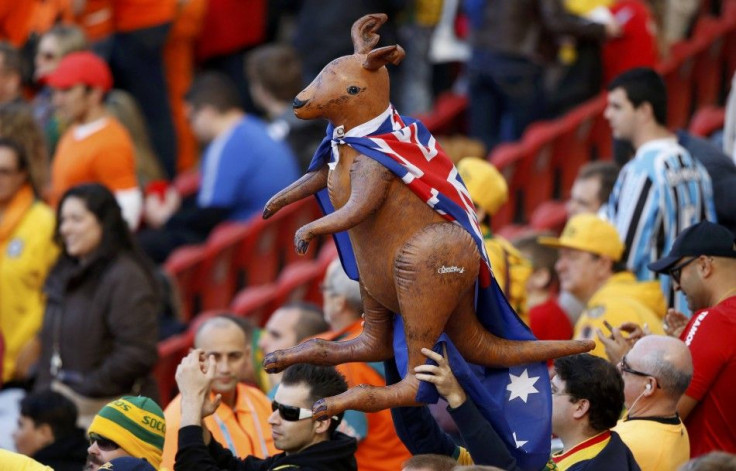 Australia fans hold an inflatable kangaroo wearing an Australia flag before the team's 2014 World Cup Group B soccer match against Netherlands at the Beira Rio stadium in Porto Alegre June 18, 2014.
