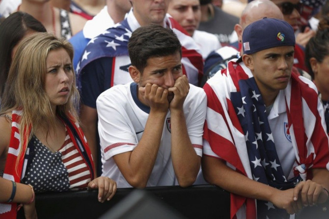 USA fans react during the 2014 World Cup round of 16 soccer match between Belgium and the U.S. at a viewing party in Redondo Beach, California July 1, 2014.