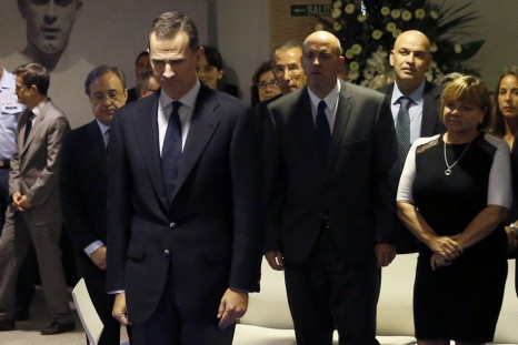 Spain's King Felipe pays his respects to former Real Madrid player Alfredo Di Stefano,