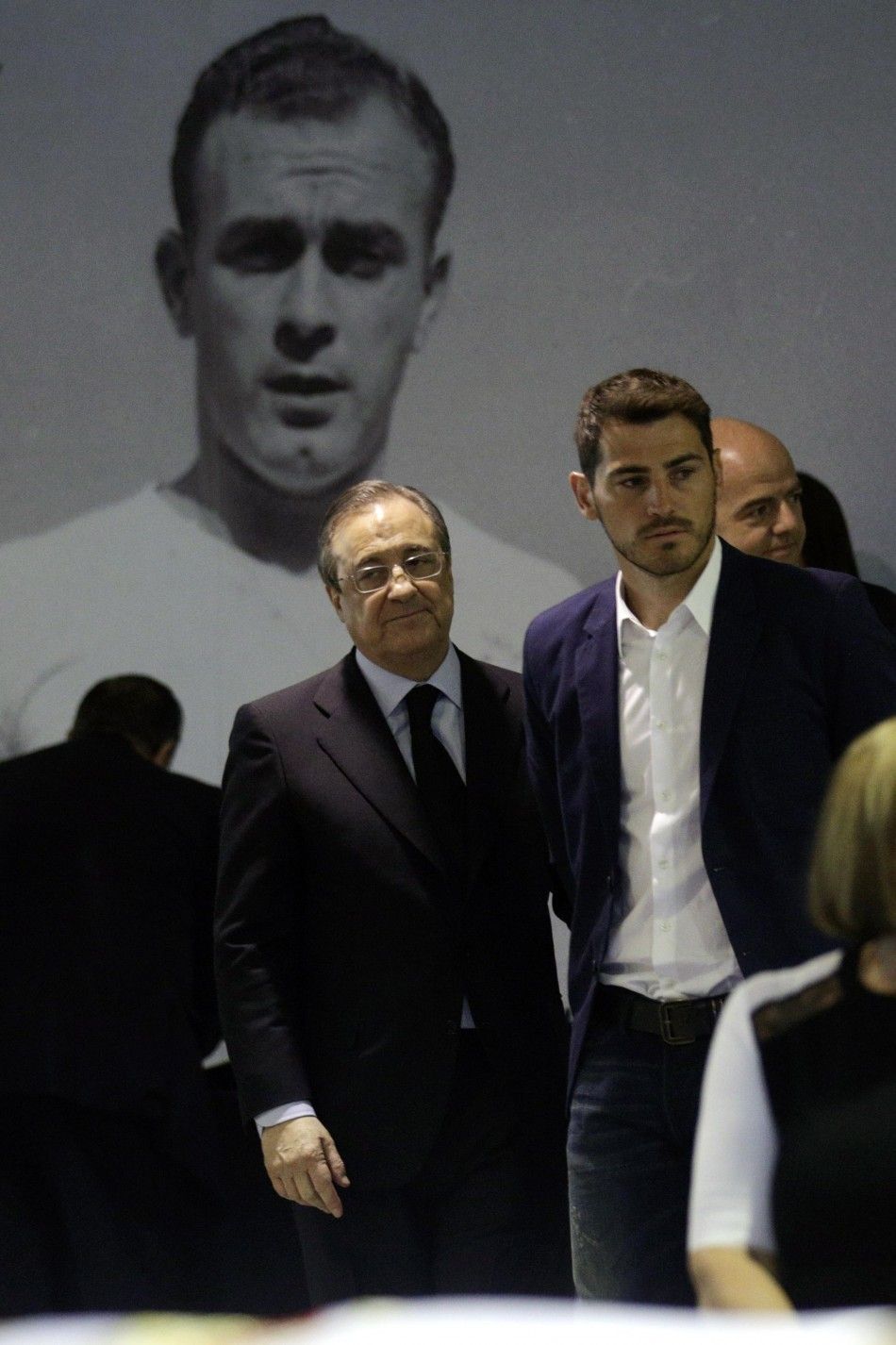 Real Madrids goalkeeper and captain Iker Casillas R greets Real Madrid president Florentino Perez 