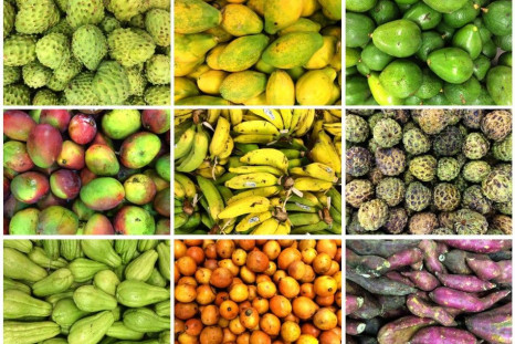 A combination photo shows local fruits in a market in Recife