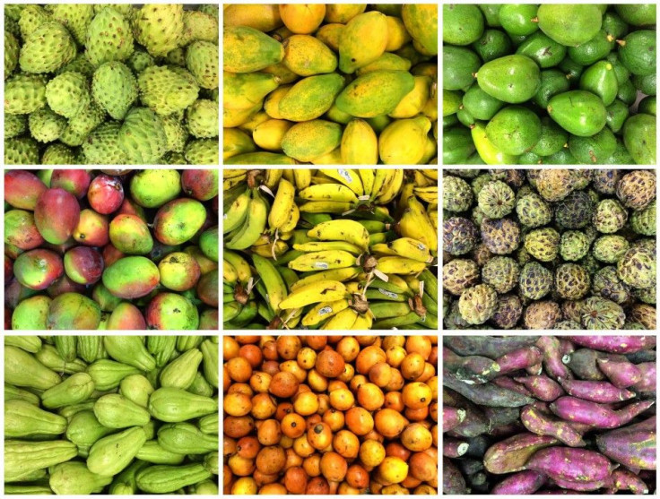 A combination photo shows local fruits in a market in Recife