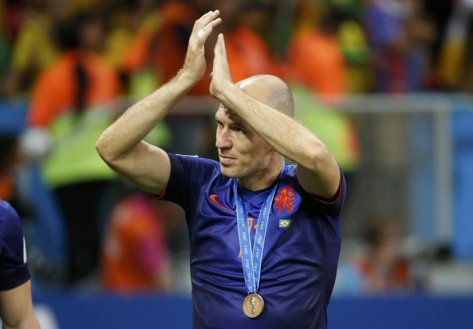 Arjen Robben of the Netherlands claps after the 2014 World Cup third-place playoff between Brazil and the Netherlands at the Brasilia national stadium