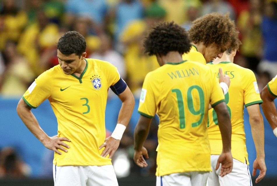 Brazils Thiago Silva L, Willian and David Luiz