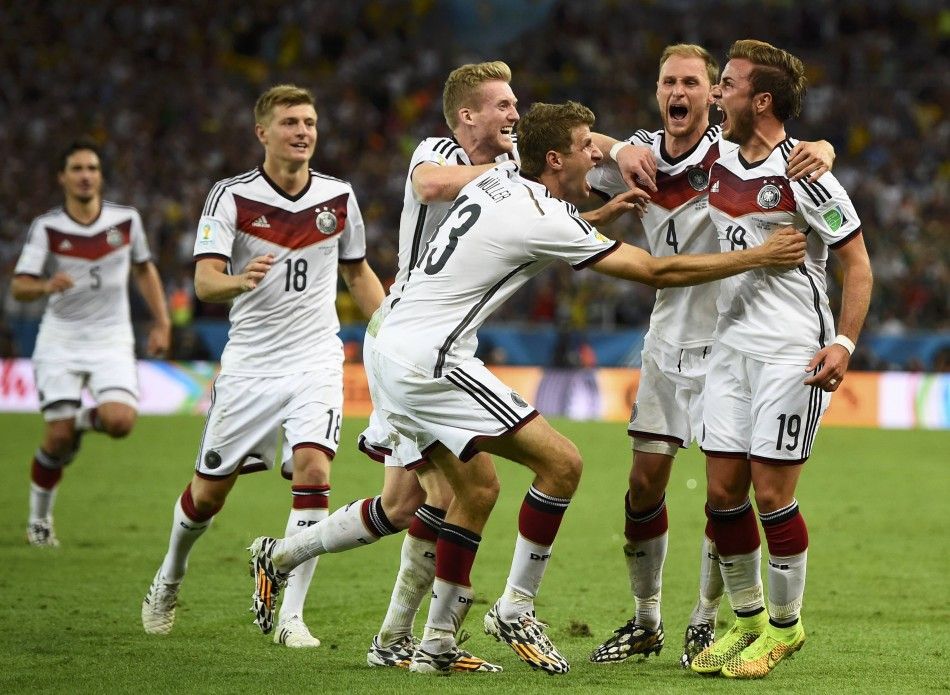 Germanys Mario Goetze celebrates his goal against Argentina with teammates L-R Mats Hummels, Toni Kroos , Andre Schuerrle , Thomas Mueller and Benedikt Hoewedes during extra time in their 2014 World Cup final at the Maracana stadium in Rio de Janeiro J