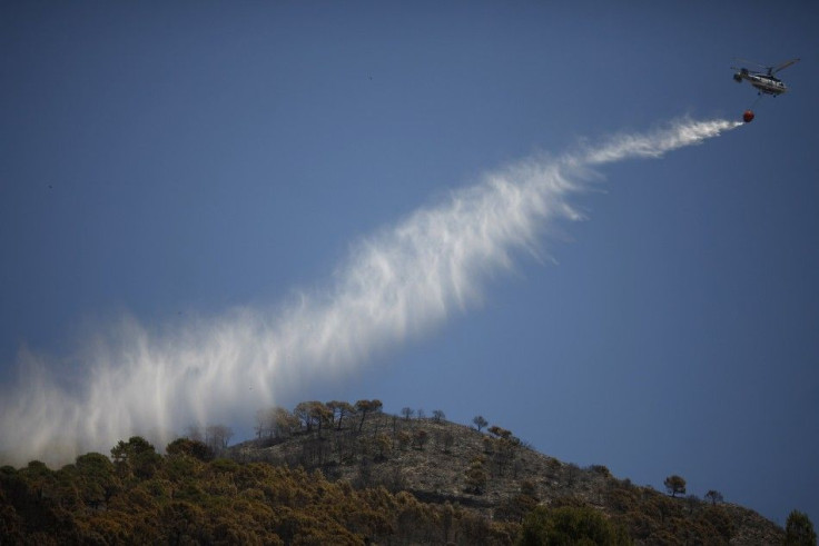 A helicopter drops water over a forest next to a burnt area after a wildfire at Sierra de Tejeda nature park in Competa, near Malaga, southern Spain, June 30, 2014. The wildfire forced the evacuation of 600 people from their homes, after two houses were r