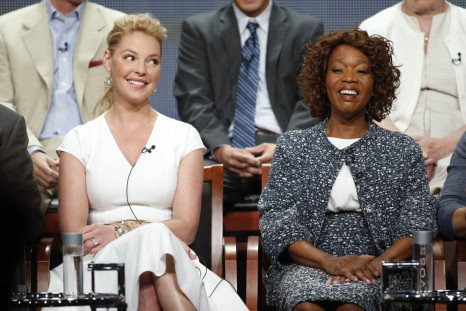Cast members Katherine Heigl and Alfre Woodard laugh during a panel for the television show &quot;State of Affairs&quot; at the Television Critics Association NBCUniversal Summer Press Tour in Beverly Hills