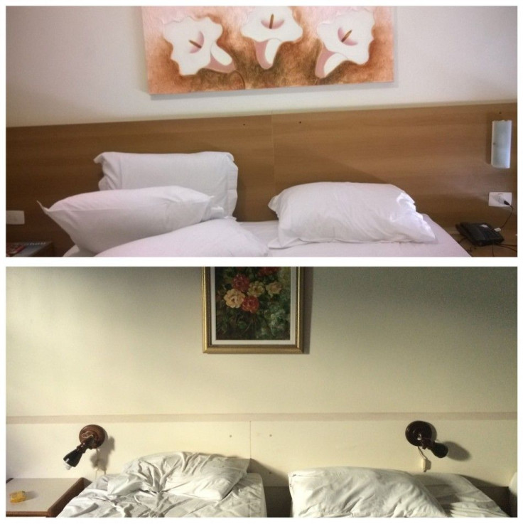 Combination photo shows two different beds and decor at two different photographers hotels in Natal and Cuiaba during the 2014 Brazil World Cup