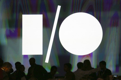 The Google I/O logo is seen on the stage prior to the keynote speech at the Google I/O developers conference in San Francisco