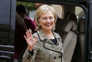Former U.S. Secretary of State Hillary Clinton leaves after a meeting at the Elysee Palace in Paris