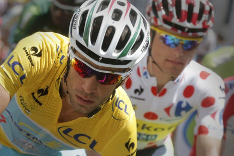 Race leader Astana team rider Vincenzo Nibali of Italy (L) and best climber Tinkoff-Saxo rider Rafal Majka of Poland, compete in the 124.5km 17th stage of the Tour de France cycle race between Saint-Gaudens and Saint-Lary Pla d&#039;Adet, July 23, 2014.