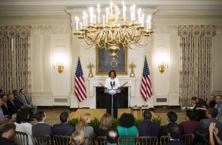 U.S. First Lady Michelle Obama speaks about the "Drink Up" campaign at the White House in Washington