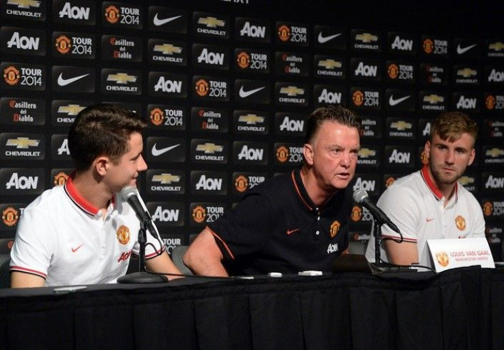 Manchester United midfielder Ander Herrera, head coach Louis Van Gaal and defender Luke Shaw