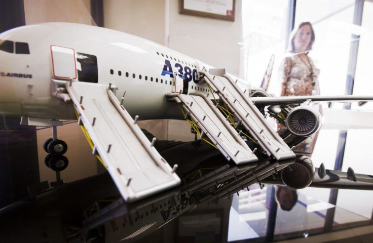 A model of an A380 Airbus with its evacuation slides deployed is displayed in the lobby at UTC Aerospace Systems in Phoenix, Arizona, July 11, 2014.