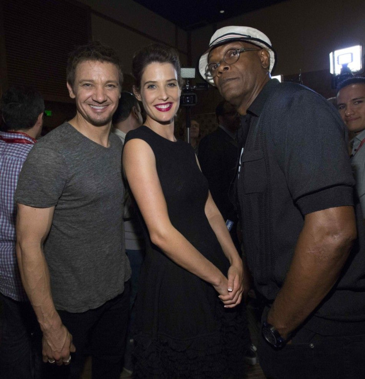 Cast members Jeremy Renner (L), Cobie Smulders and Samuel L. Jackson pose at a press line for &quot;Avengers: Age of Ultron&quot; during the 2014 Comic-Con International Convention in San Diego, California July 26, 2014.