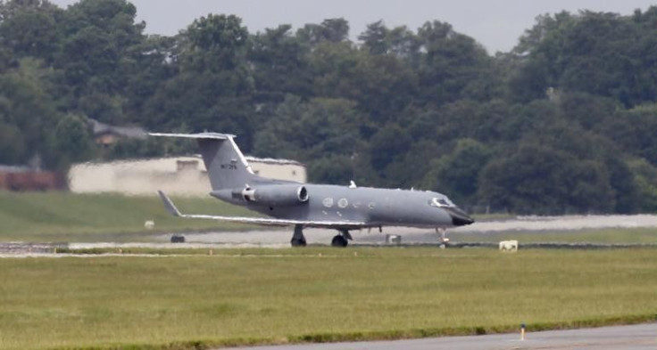 An airplane carrying American doctor Kent Brantly who has the Ebola virus, arrives at Dobbins Air Reserve Base in Marietta, Georgia on Aug. 2, 2014. The same plane is now carrying the second Ebola patient Nancy Writebol.