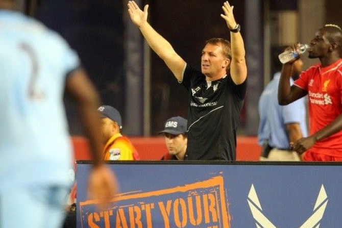 Liverpool FC manager Brendan Rodgers reacts during the second half of a game against Manchester City FC at Yankee Stadium.