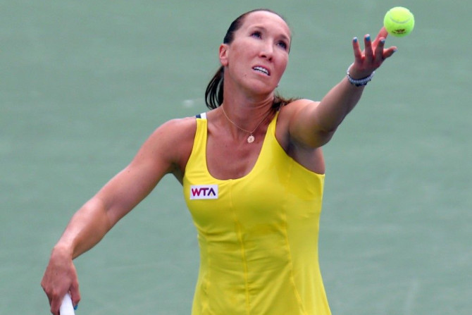 Aug 6, 2014; Montreal, Quebec, Canada; Jelena Jankovic (SRB) serves against Sloane Stephens (USA) on day three of the Rogers Cup tennis tournament at Uniprix Stadium.