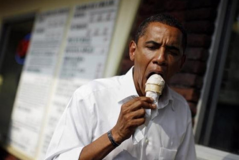 Then Democratic presidential nominee Senator Barack Obama eats an ice cream cone during a campaign stop at Windmill Ice Cream Shop in Aliquippa, Pennsylvania, August 29, 2008.