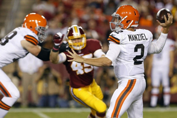 Aug 18, 2014; Landover, MD, USA; Cleveland Browns quarterback Johnny Manziel (2) throws the ball as Washington Redskins linebacker Gabe Miller (45) chases in the third quarter at FedEx Field. The Redskins won 24-23.