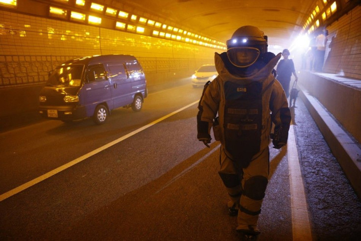 A member of the SWAT unit, wearing a bomb suit, takes part in an anti-terror drill in Seoul