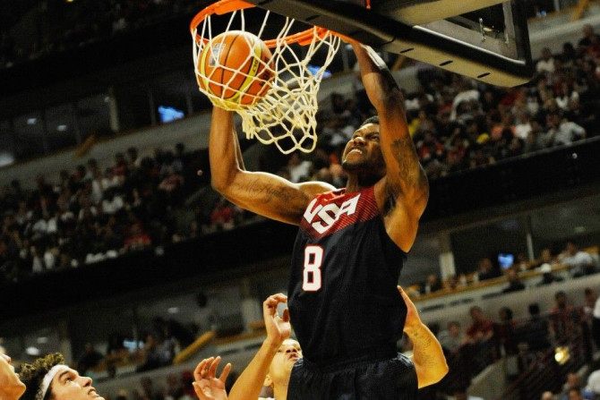 ug 16, 2014; Chicago, IL, USA; United States forward Rudy Gay (8) dunks against Brazil during the second half at the United Center. The United States defeated Brazil 95-78.