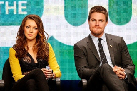 Cast Members Stephen Amell, Right, And Katie Cassidy Attend A Panel For &#039;Arrow.&#039;